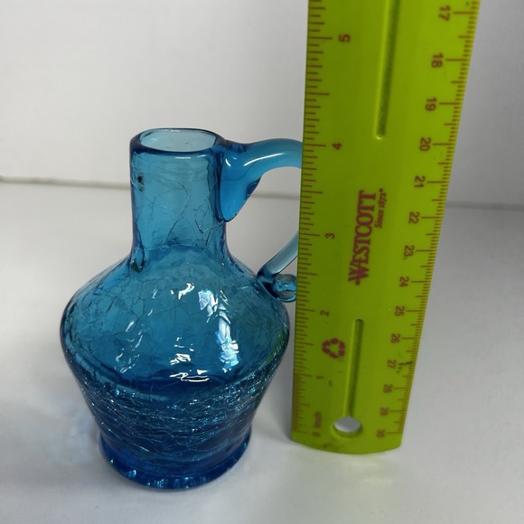 Vintage Blue Crackle Glass Mini Pitcher 4" Hand Blown Applied Handle - Picture 6 of 6